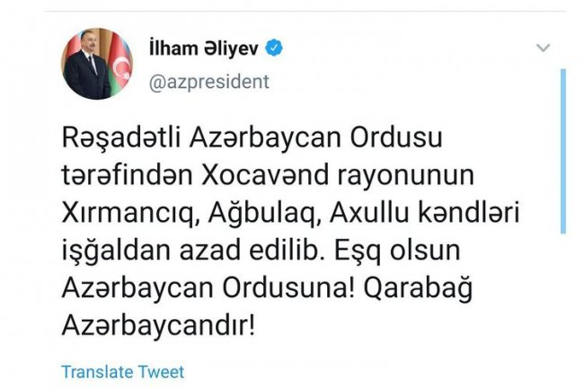 Prezident İlham Əliyev: "Daha 3 kənd işğaldan azad edilib"
